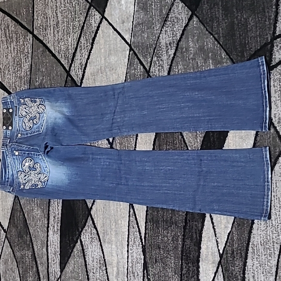 MISS ME ZEBRA PRINT FLEUR DE LIS RHINESTONES BOOT-CUT DENIM JEAN - Picture 13 of 16